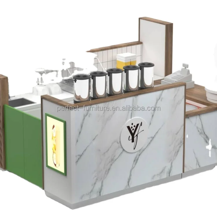 High end bubble tea kiosk juice bar counter design coffee kiosk wood color mall drink kiosk