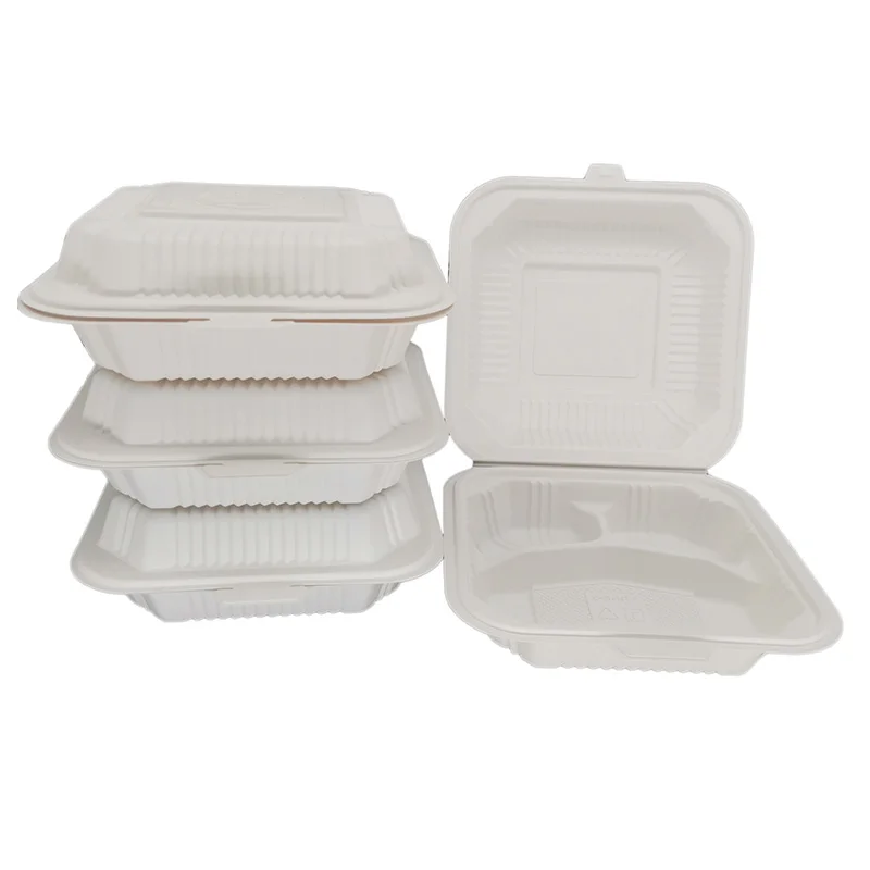 Custom 8 inch 3 Compartment  Takeaway Hinged Clamshell Food Container Cornstarch  Bio-Based  Biodegradable Clamshell Packaging