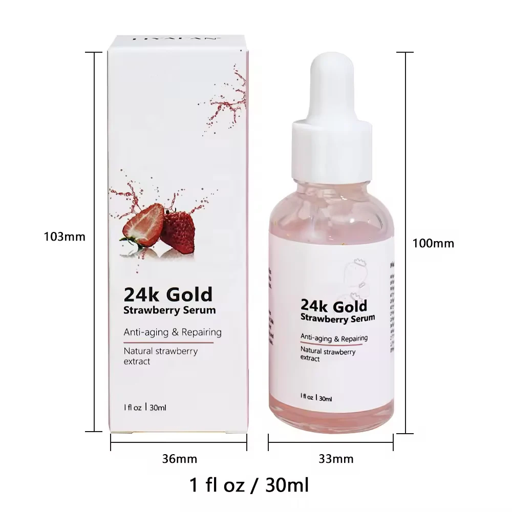 OEM ODM Private Label 24K Gold Strawberry Skin Brightening Whitening Anti Aging Wrinkle Face Serum