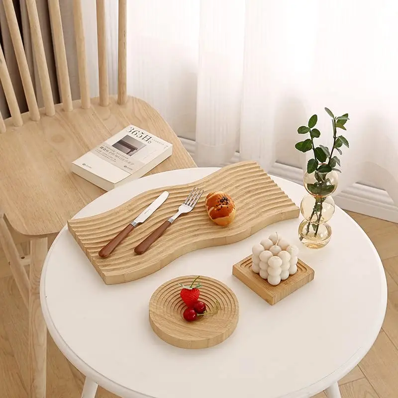 Wavy Arch Rectangular Geometric Water Ripple Board Bamboo Wood Afternoon Tea Coffee Snack Plate Home Decor Food Panel Tray