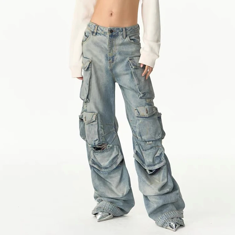 custom Logo OEM ODM baggy loose cargo jeans men with multi pockets distressed washed jeans men denim cargo pants