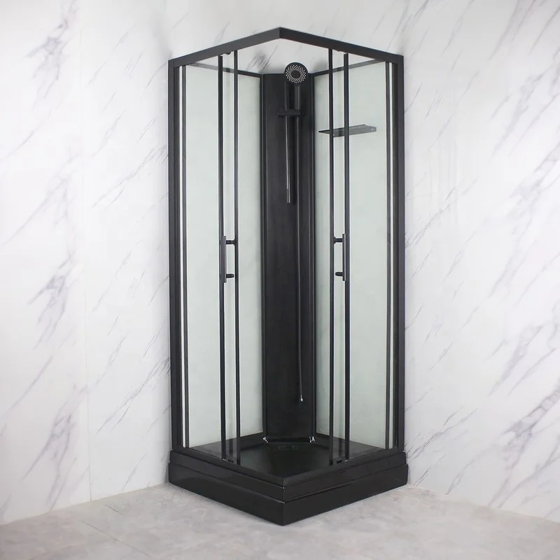 Oumeiga Modern Matt Black Lux Stylish Square Sliding Shower Cabin with 8mil Tempered Glass ABS Material Box for Bathroom