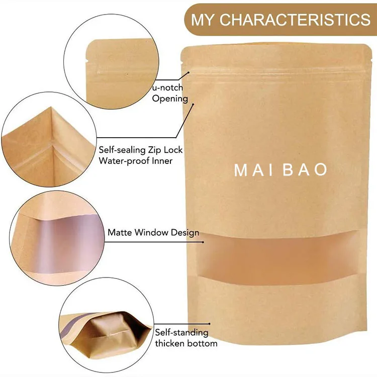 Custom Design Logo Printing Eco Friendly Resealable Zipper Stand up Food Packaging Biodegradable Brown Kraft Paper Spice Bags