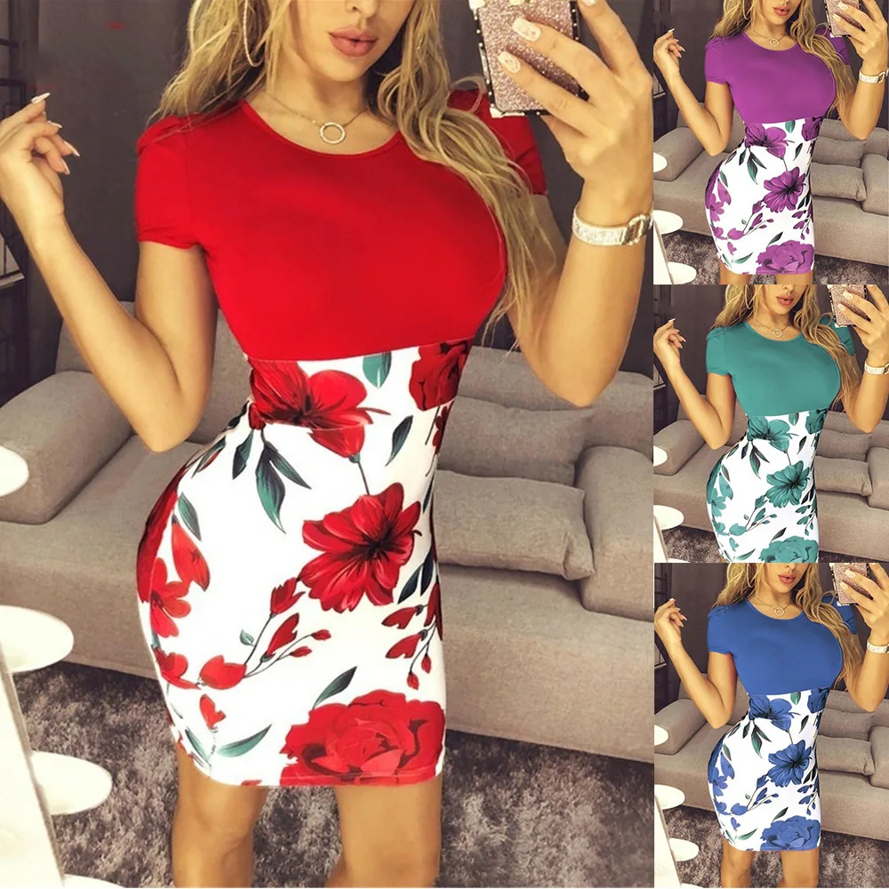 WW-0124 Color Matching Flower High Pockets Hip Dress Big Yards Dress Fancy Tight Dress Women Summer Sexy