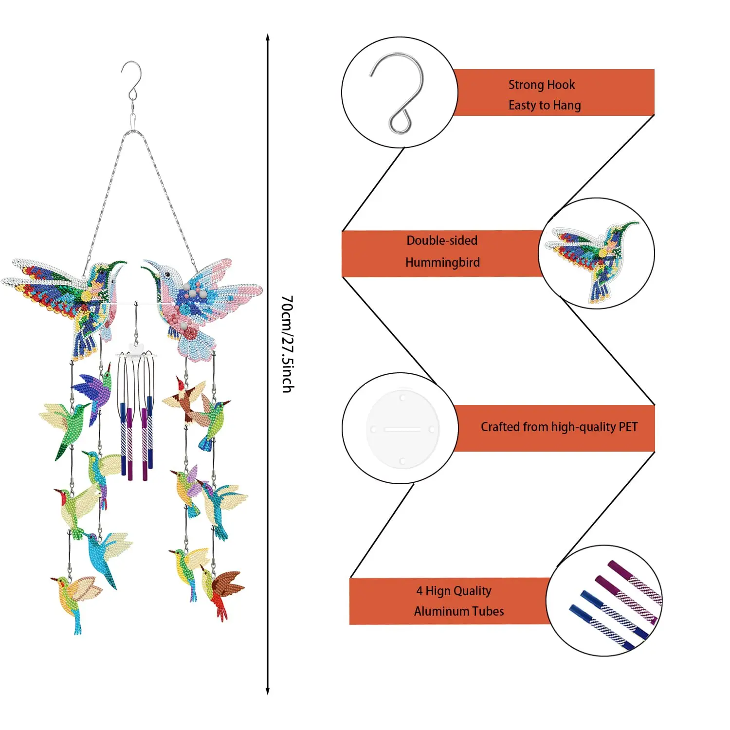 5D Hummingbird DIY Crystal Wind Chimes Set Double-Sided Outdoor Wind Chimes Patio Home Garden Decoration Gift Adults Children