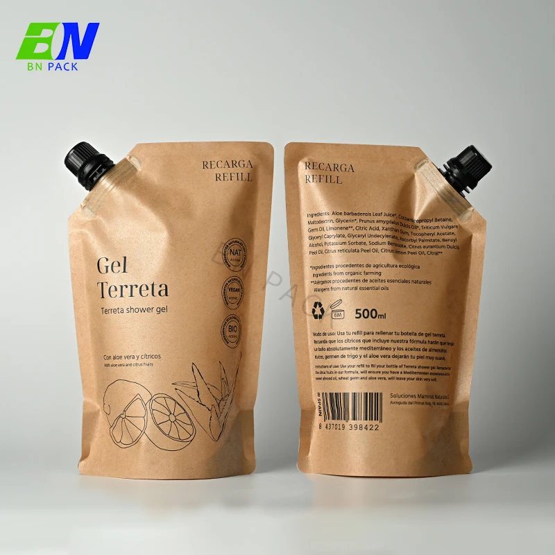 Custom Printed Eco Friendly Biodegradable Recyclable Refill Foil Stand Up Waterproof Liquid Kraft Paper Bags Spout Pouch