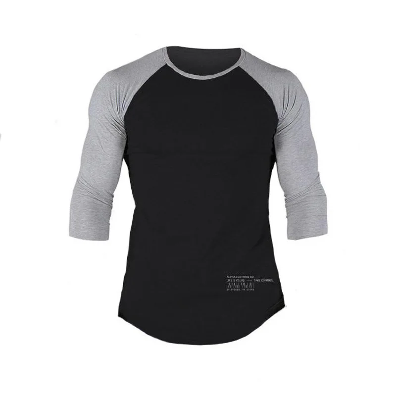 
High quality mens dry fit polyester running t shirt two tone fitness gym shirt 3/4 sleeve bulk tshirts round curve hem muscle 