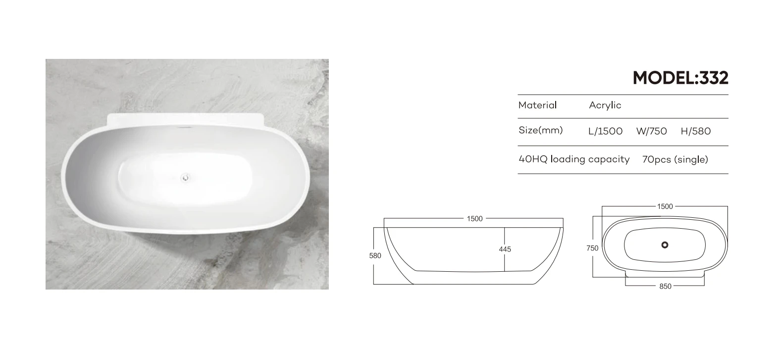 China Factory Price Free Standing White Acrylic Solid Surface Bathtub Stand Alone Bath Tub