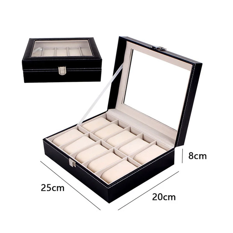 In Stock 10 Slot Black Leather PU Large Modern Bracelet Watch Organizer Watch Display Storage Box