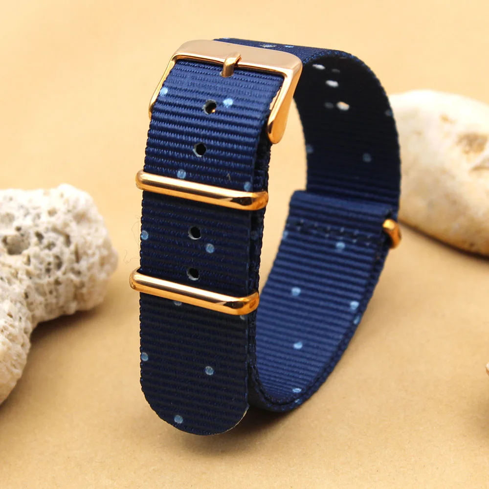 High Quality PVD Gold Plated Stainless Steel Buckle Nylon Watch Strap 18 20 22mm Print Graphic Custom Pattern Nylon Watch Band