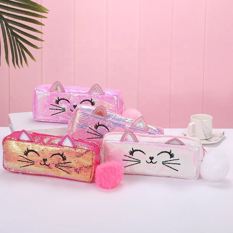 Polyester Cat Cartoon Embroidery Makeup Storage Bag Mermaid Sequined Unicorn Student Pencil Case