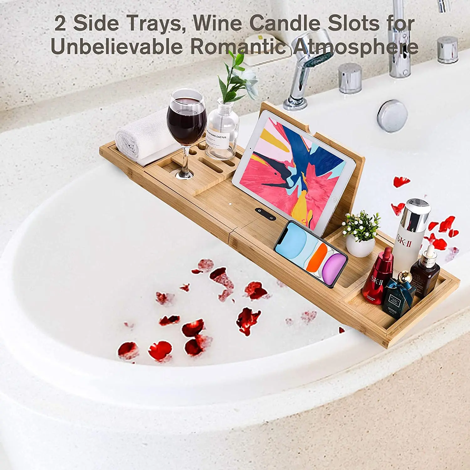 Wholesale Foldable Expandable Bamboo Bath Caddy Tray for Bathtub