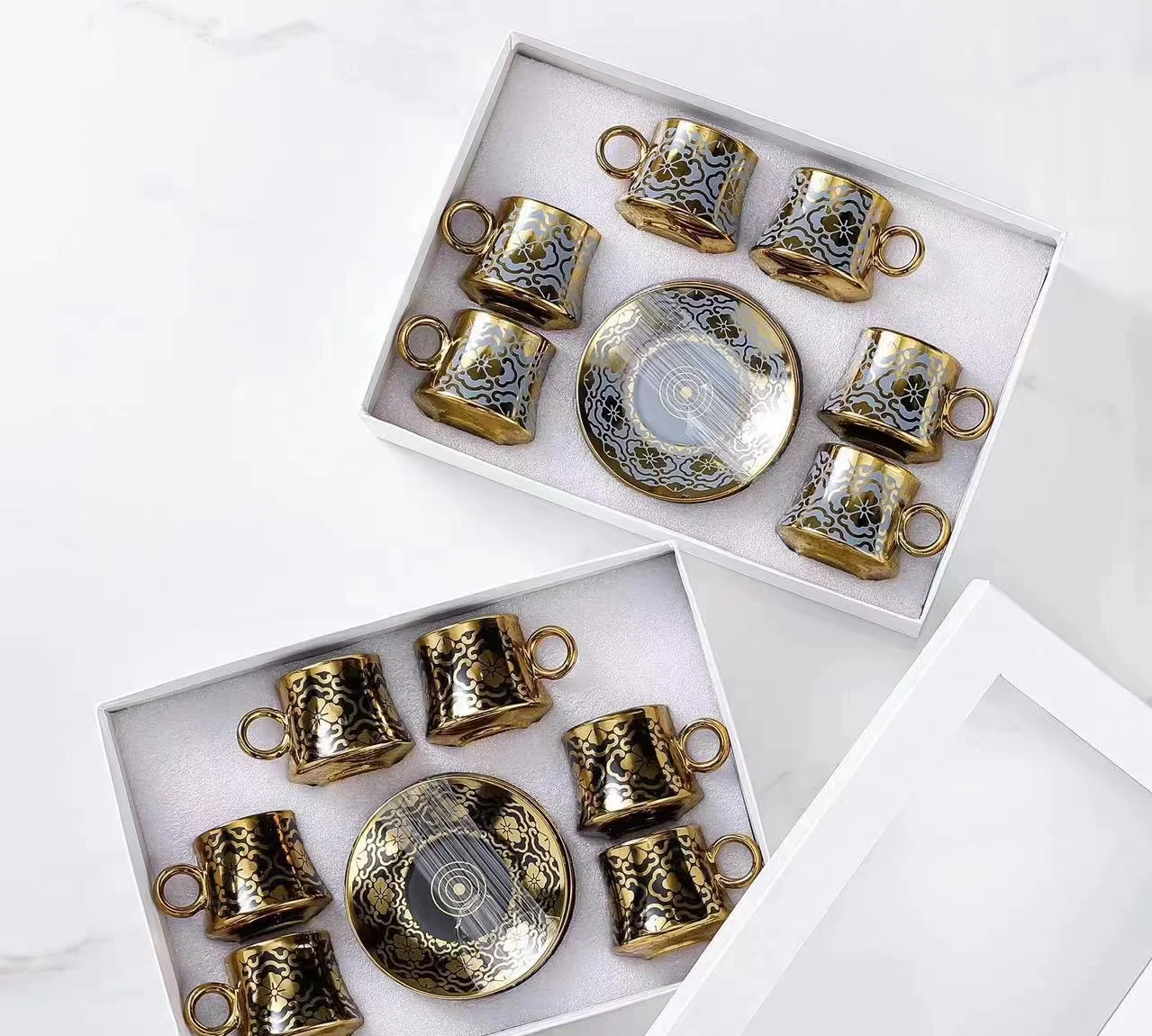 Custom Middle East Turkey Arabic Vintage Gold Plated Porcelain Ceramic Coffee Tea Cup And Saucers Set Of 12