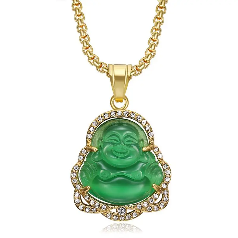 Crystal Laughing Religious Maitreya Carved Jade Buddha Pendant 18k Gold Plated Stainless Steel Buddha Necklace