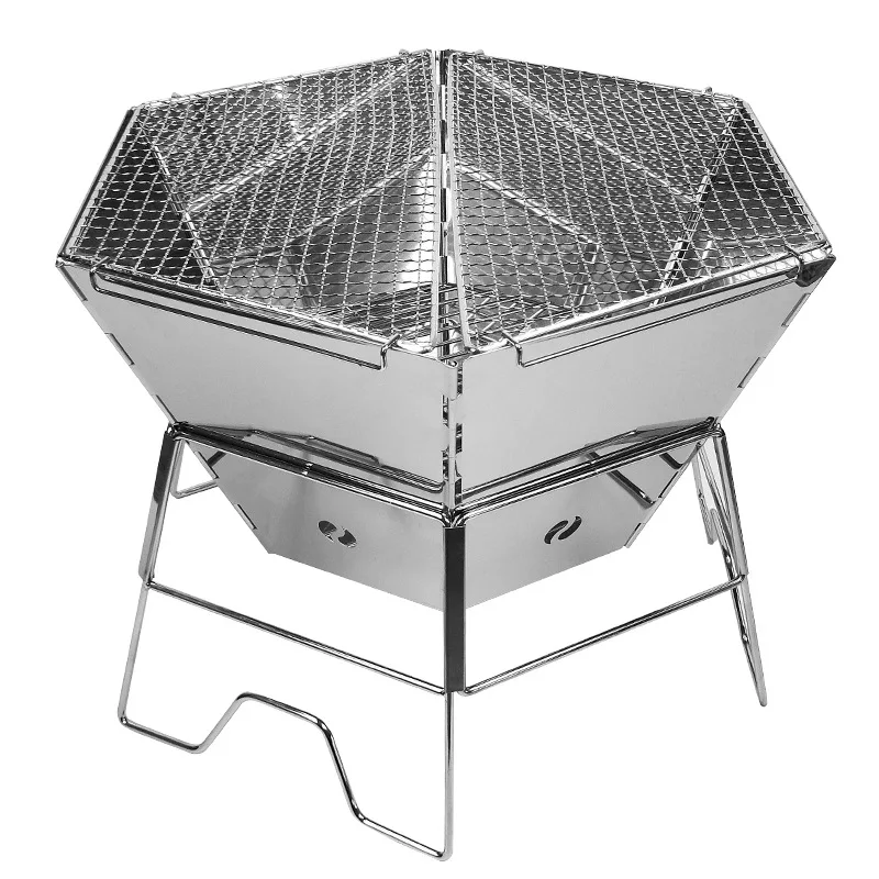 Outdoor camping stainless steel barbecue wood stove hexagonal fire table bonfire frame folding portable barbecue grill bbq grill