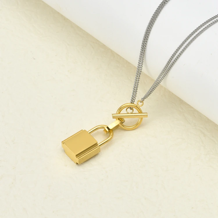 Custom Wholesale New Arrival Gold Plated Stainless Steel Trendy Waterproof Engrave-able Designers Lock Charm Necklace