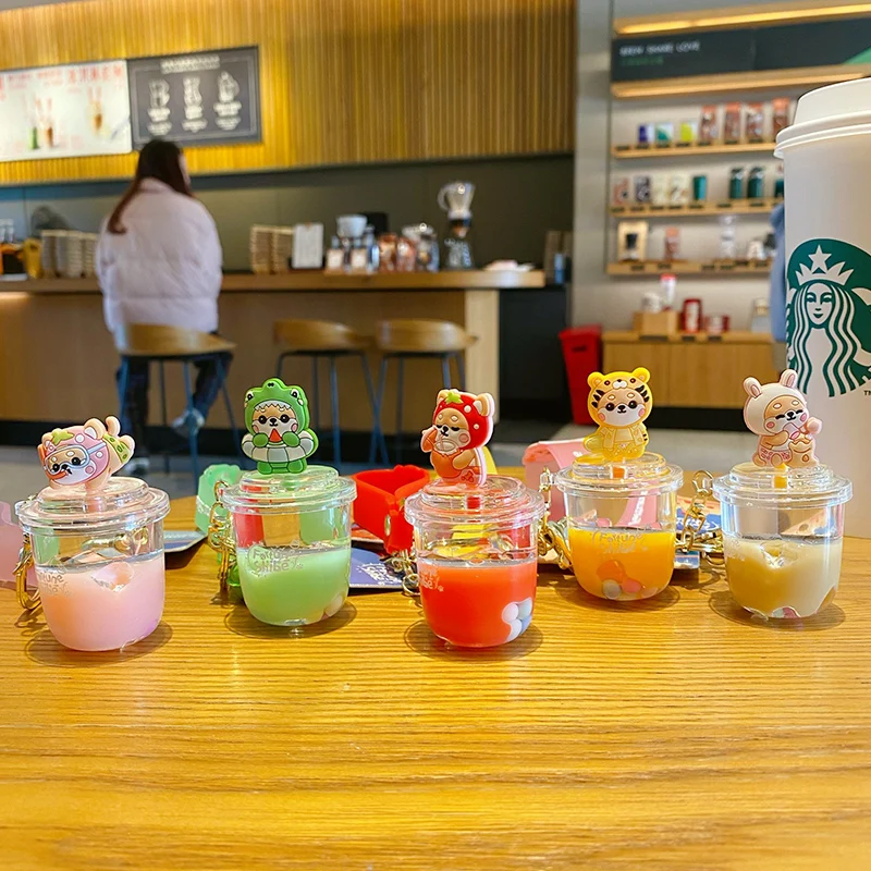 Baimao Wholesale genuine cartoon Shiba Inu Poba milk tea cup liquid key chain Kawaii Summer dog Quicksand cheap key chain