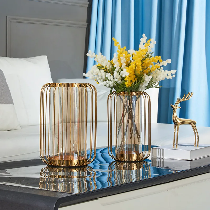 European Style Large Metal Floor Vases Antique Gold Metal Glass Vase For Home Decor