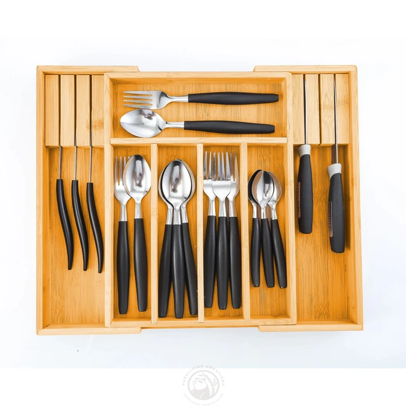 Adjustable Design Natural with Knife Holder Bamboo silverware organizer - expandable kitchen drawer for Cutlery and Utensil