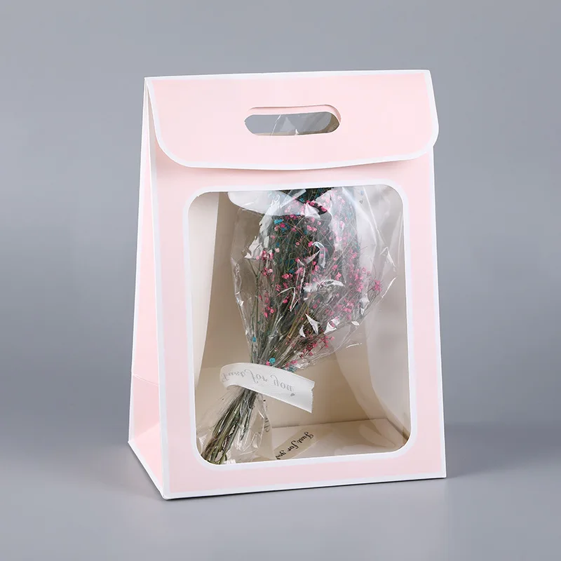 Transparent White Pink Black Cosmetic Food Packaging Flower Make Up Cookie Die Cut Handle Craft Paper Gift Bag With Clear Window