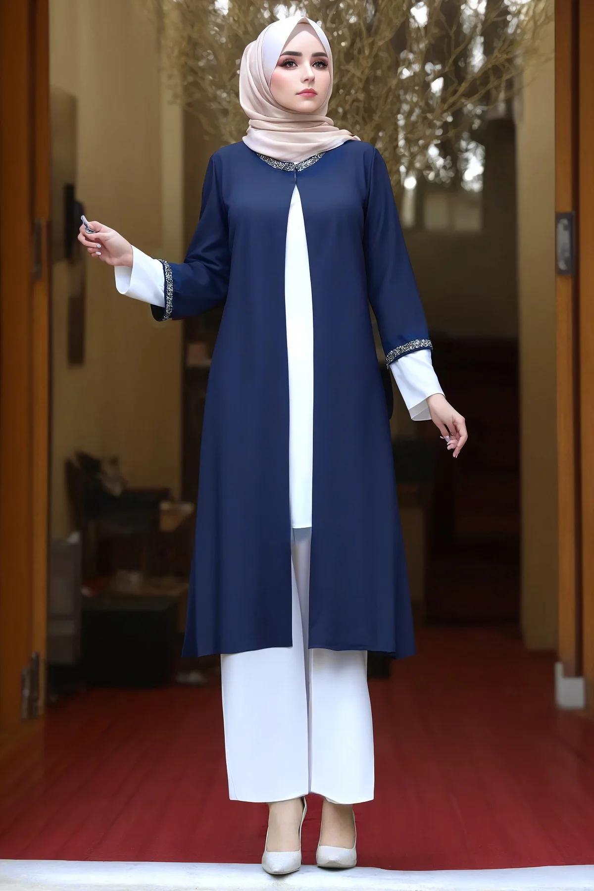 Dubai Islamic Fashion Muslim Soft Cardigan Women Muslim Abaya Round Neck Long Sleeve Dress Plus Pants 3 Piece