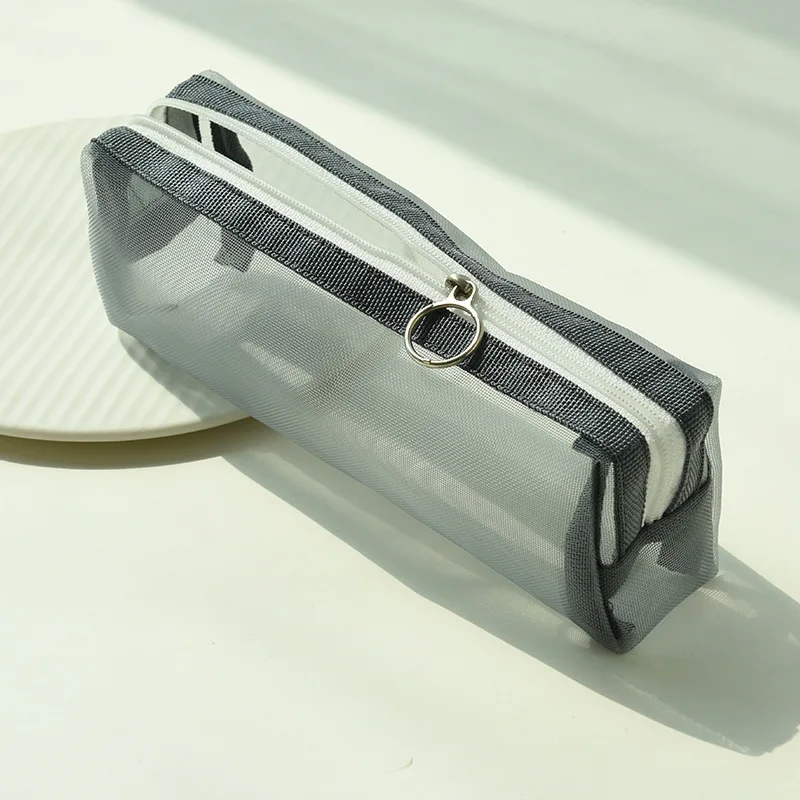 Cylinder Shaped Zipper Pencil Stationery Storage Bag Case Fresh Literature Colorful Transparent Mesh Pencil Bag