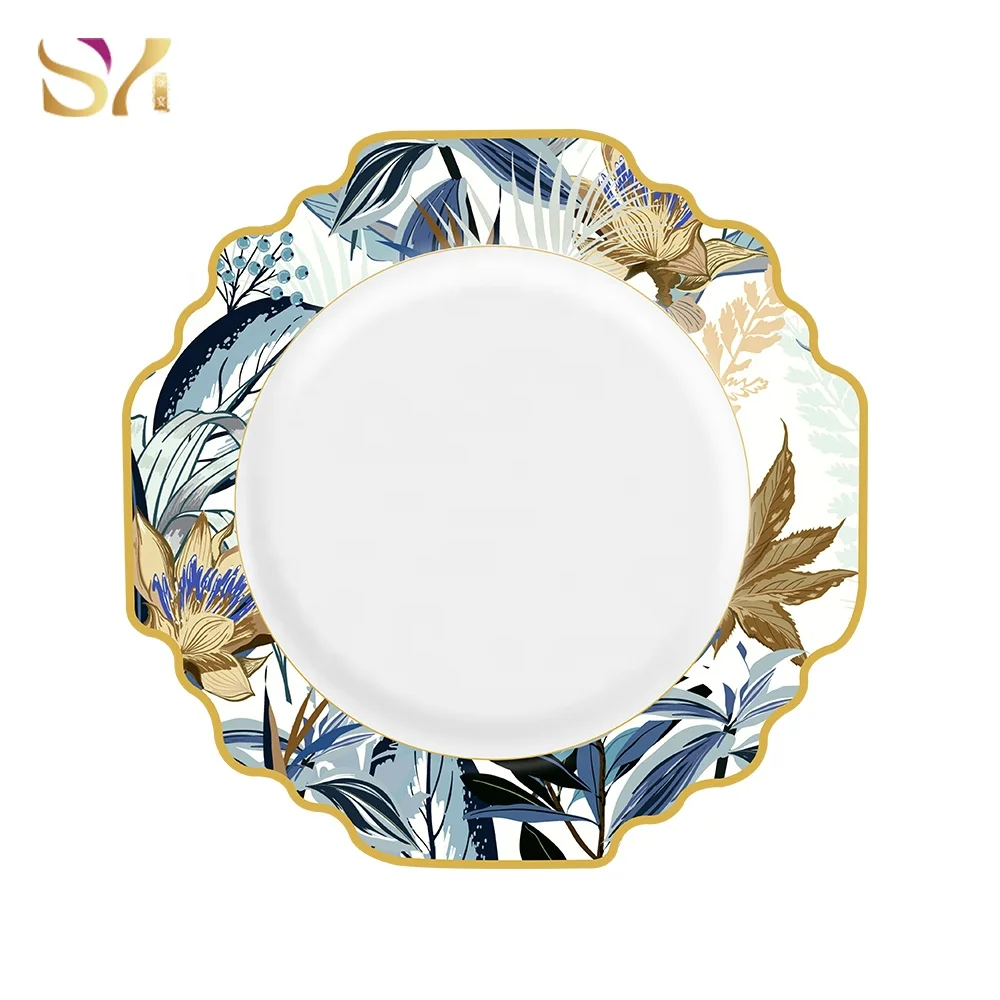 New Arrival Antique Cheap Blue Charger Plates Porcelain  4pcs Plate Set With Gold Rim