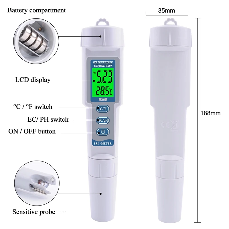 
PH-983 Water Quality Tester Drink Water Quality Analyser Multi-parameter PH Meter Pen Type Acidometer 3 in 1 PH EC TEMP Meter 