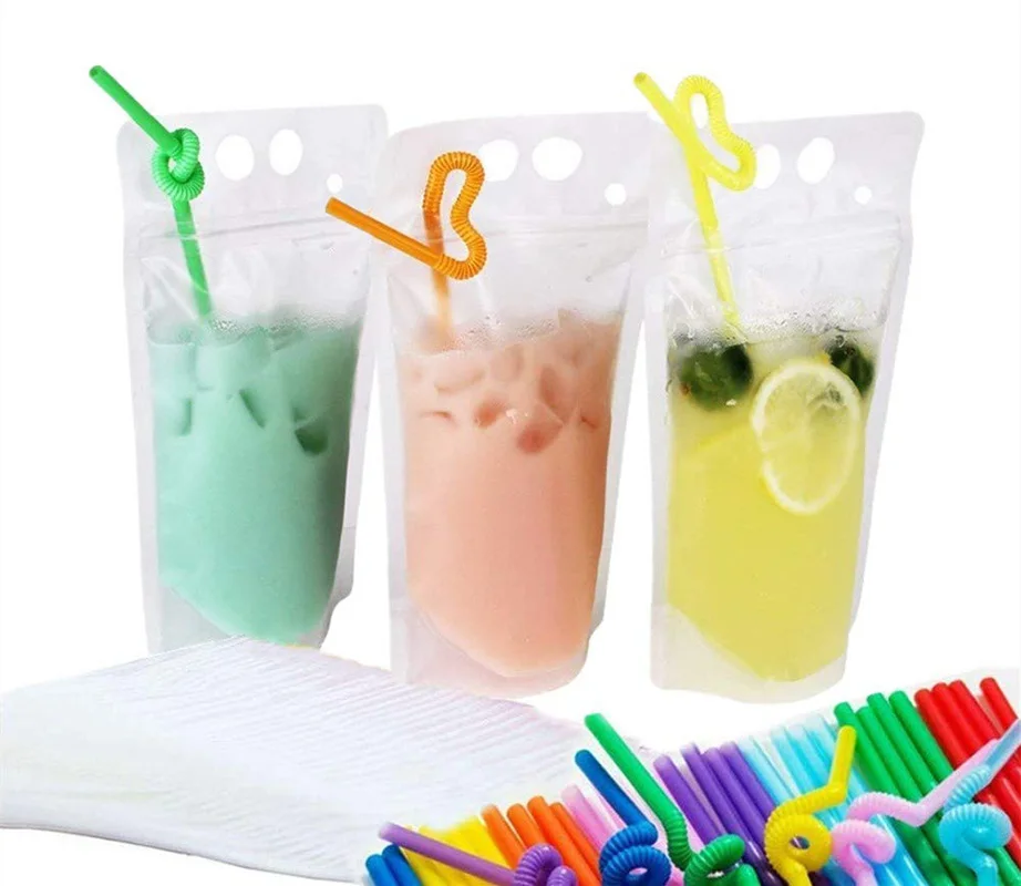 
In Stock and Custom Juice Sealed Drink Pouches Clear Reclosable Hand Held Zipper Plastic Drinking Bags With Plastic Straw 