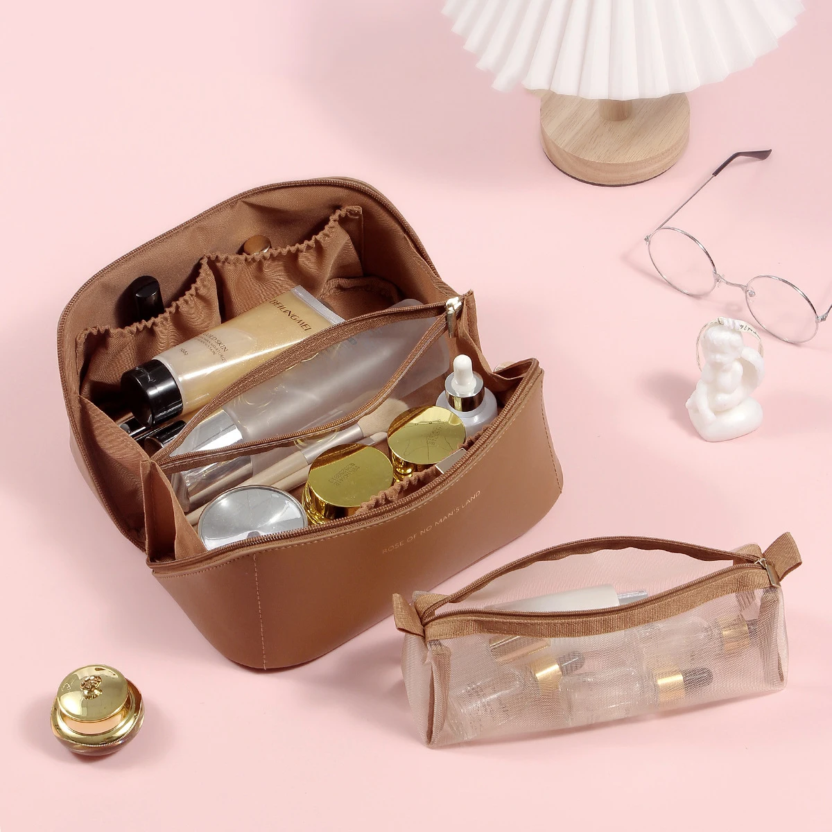 New Makeup Bag Convenient Travel Waterproof PU Leather Easy Carry Large Capacity Cosmetic Bags Two Piece Set