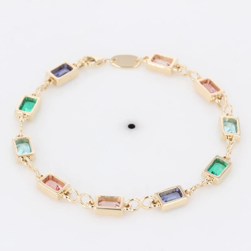 2024 hot sale multiple color gemstone bracelet 10k yellow gold 4*6mm emerald cut charms couple bracelet