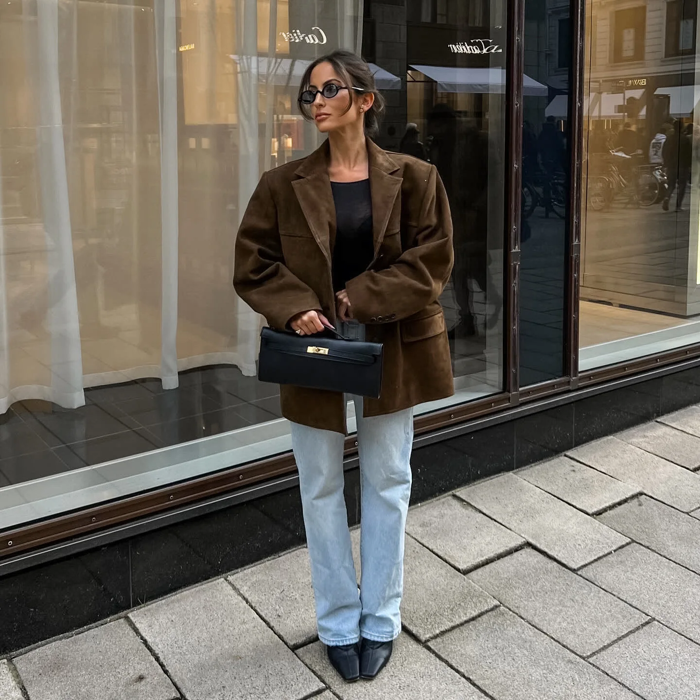 Retro Jacket Brown Frosted Sueded Coat Women Winter Jacket Notched Collar Loose Jacket