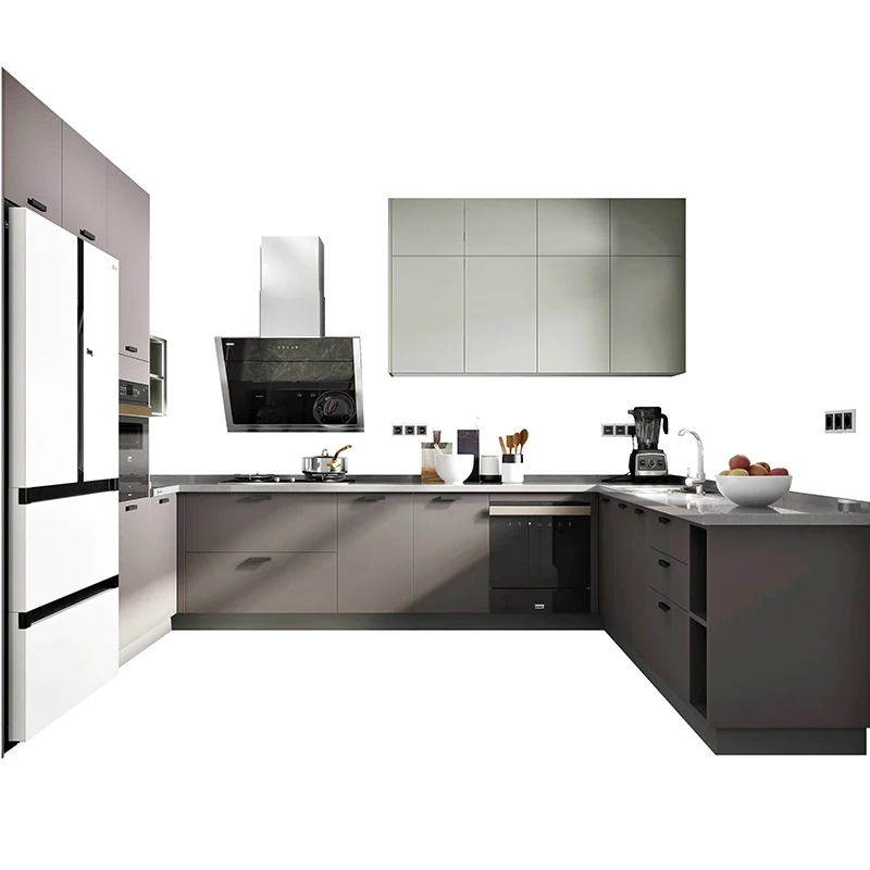 OPPEIN L U Shape I Shaped Wall Built-in Green and Grey Kitchen Cabinets
