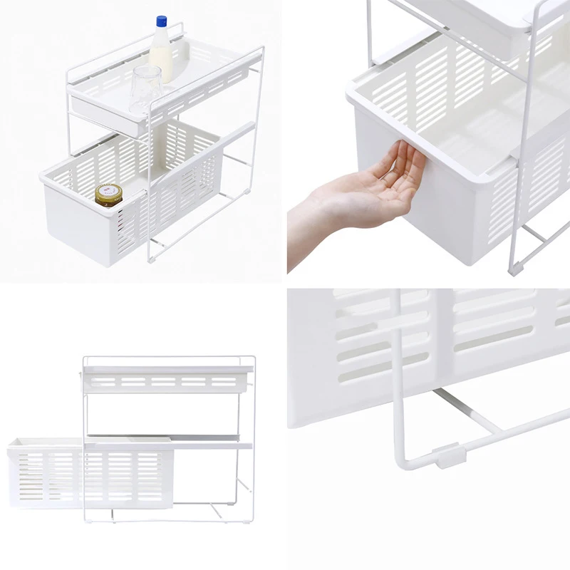 Ins Hot Stainless Steel PP Kitchen Bathroom Double-layer Vegetables Fruits Condiments Spice Pull-out Storage Rack with Drawer