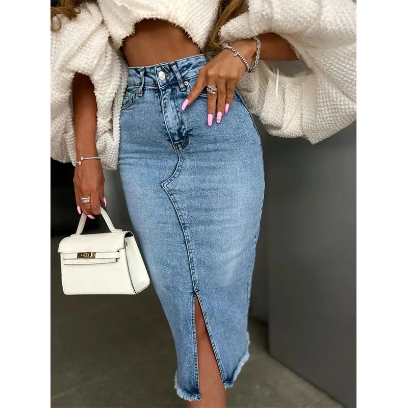 Прямые продажи с фабрики Модная Джинсовая юбка высокой талией тонкая на бедрах