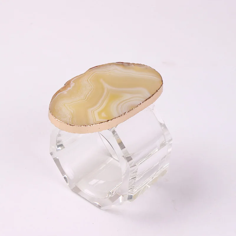 Gold-Plated Agate Slice Napkin Rings Classic Style Metal Napkin Holders for Weddings Christmas Stocked Natural Crystal Stone