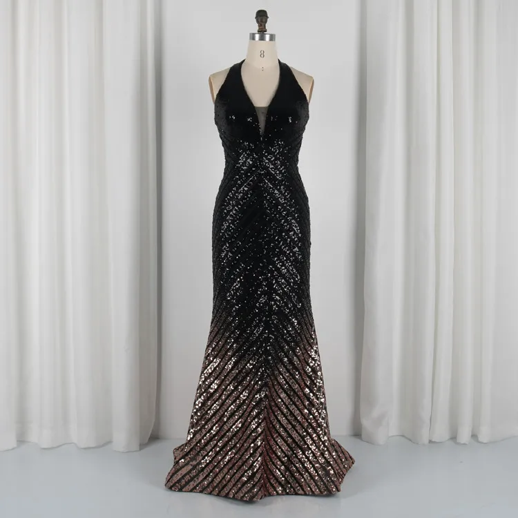 
Fashion Deep V Neck Halter Custom Sequined Lady Sexy Evening Prom Dresses Mermaid Sequin Prom Dress 