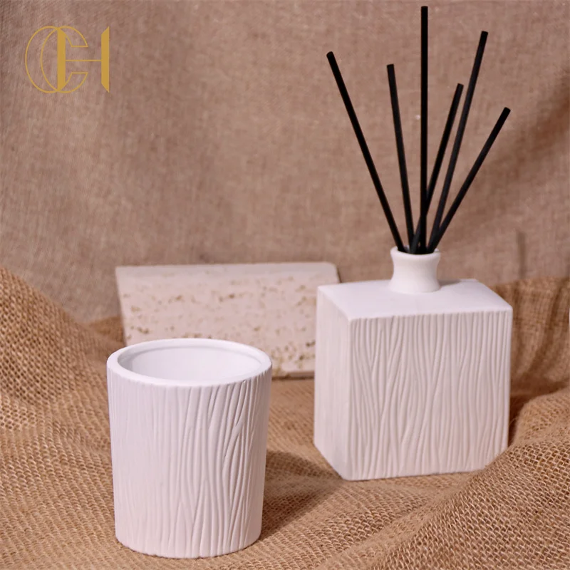 C&H New Style Stripped Hot Sale Reed Diffuser Home Fragrance Wholesale Homeware Ceramic Reed Diffuser And Candle Jar Set