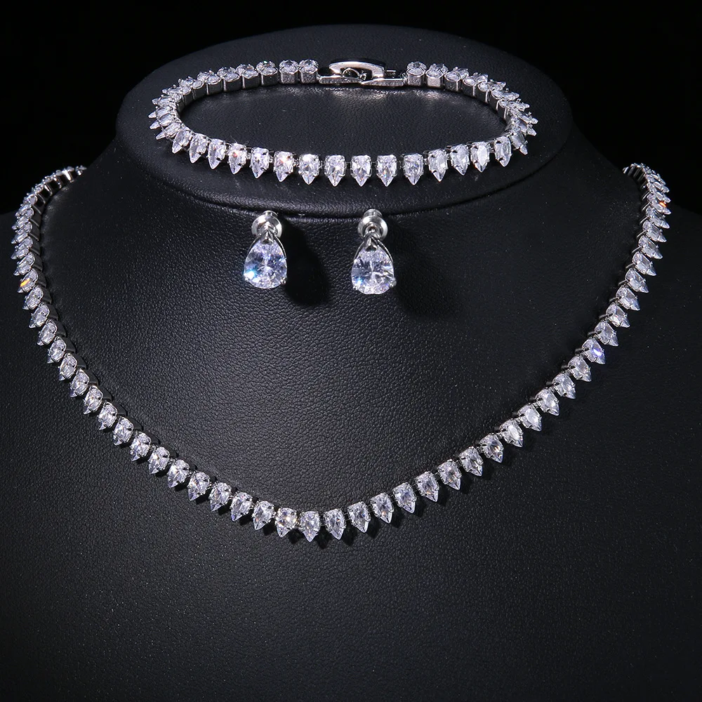 Fashion diamond inlaid zirconia necklace earrings bracelets three piece set for bride and wedding accessories