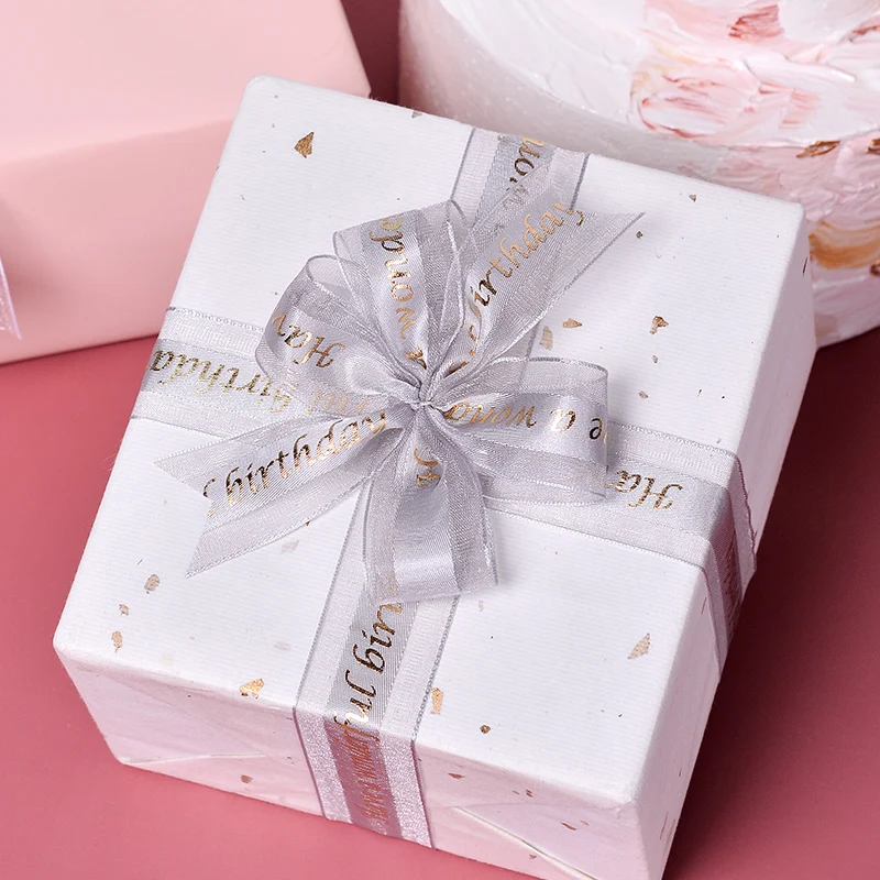 Ribest Custom Gold Foil Satin Organza Ribbon Logo Printed For Birthday Cake Gift Wrapping