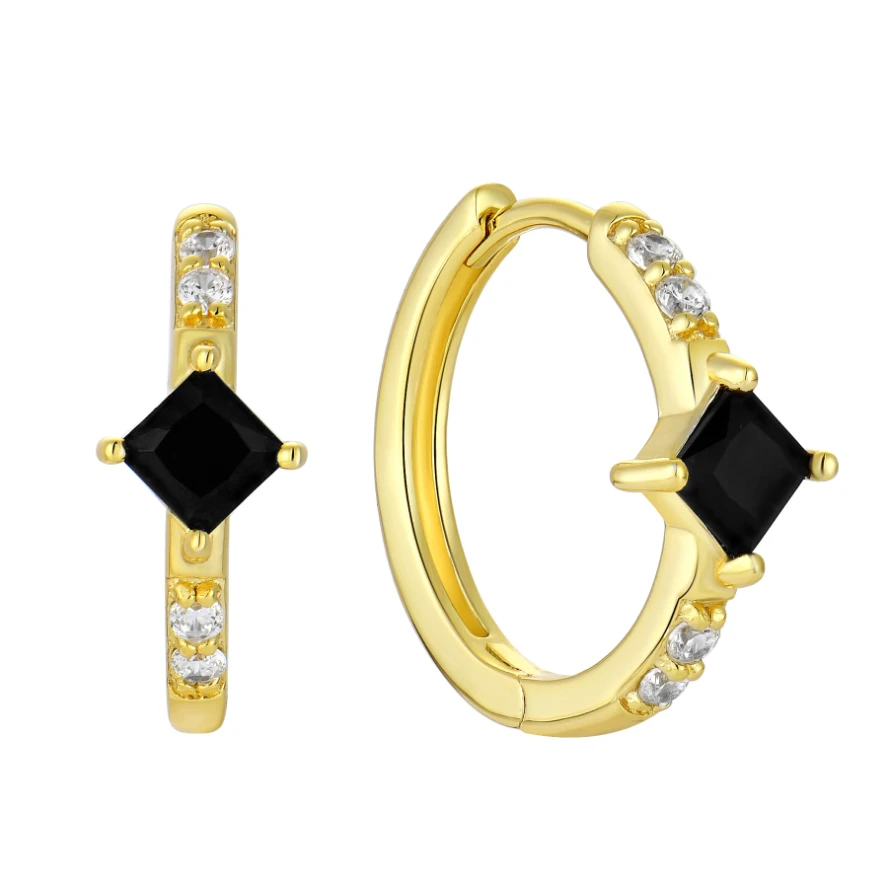 YILUN Gold Plated Black Square CZ Hoop Earrings 925 Sterling Silver Minimalist Design Hoop Earrings Jewelry for Women