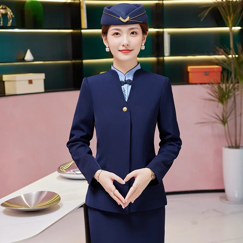 Classical blue red black color jacket suit shirt skirt set custom cabin crew Air Hostess airways stewardess uniform