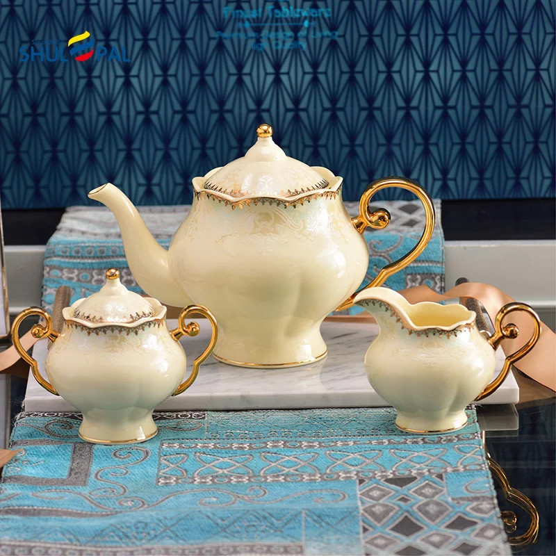 Royal Vintage Modern Luxury Ethiopian Tea Set Ivory Porcelain Coffee Tea Sets with Teapot
