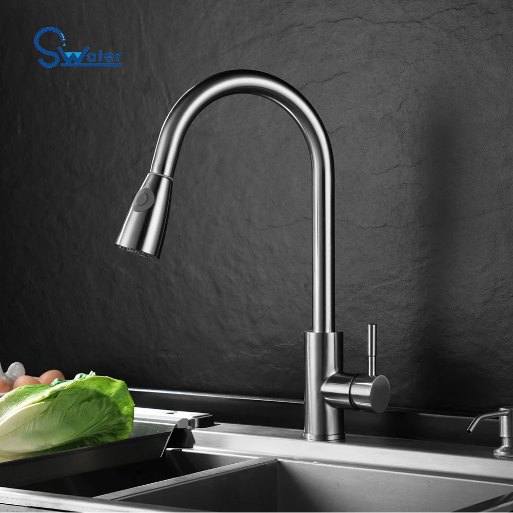 
Modern 304 Stainless Steel Hot Cold Single Handle Brushed Nickel Pull Down Kitchen Faucet For Sink 
