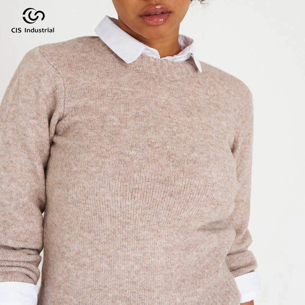 Custom jacquard casual ladies knitted sweater pullover round neck cotton poly core spun yarn loose knitwear