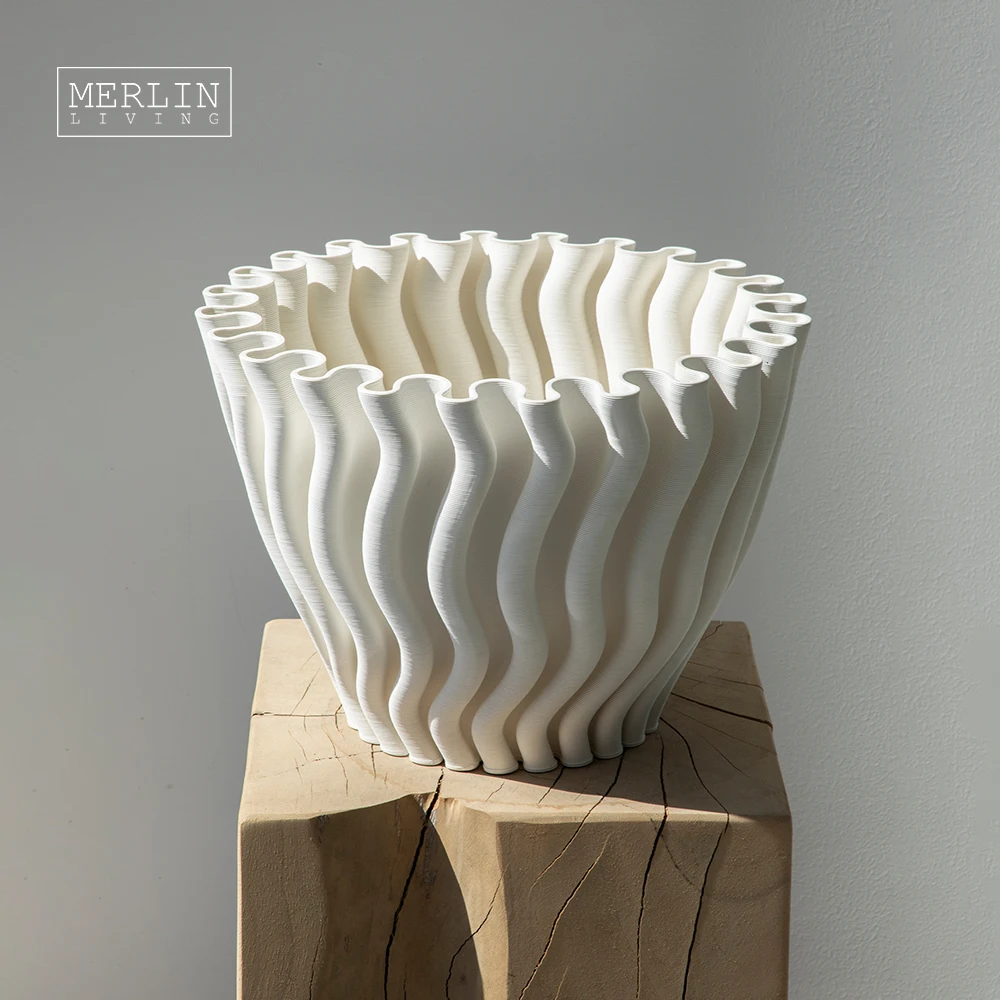 Merlin Living 3D Printing Vase Curved Folding Line Potted Plant Ceramic Home Decor Chaozhou Ceramic Factory OEMODM Custom