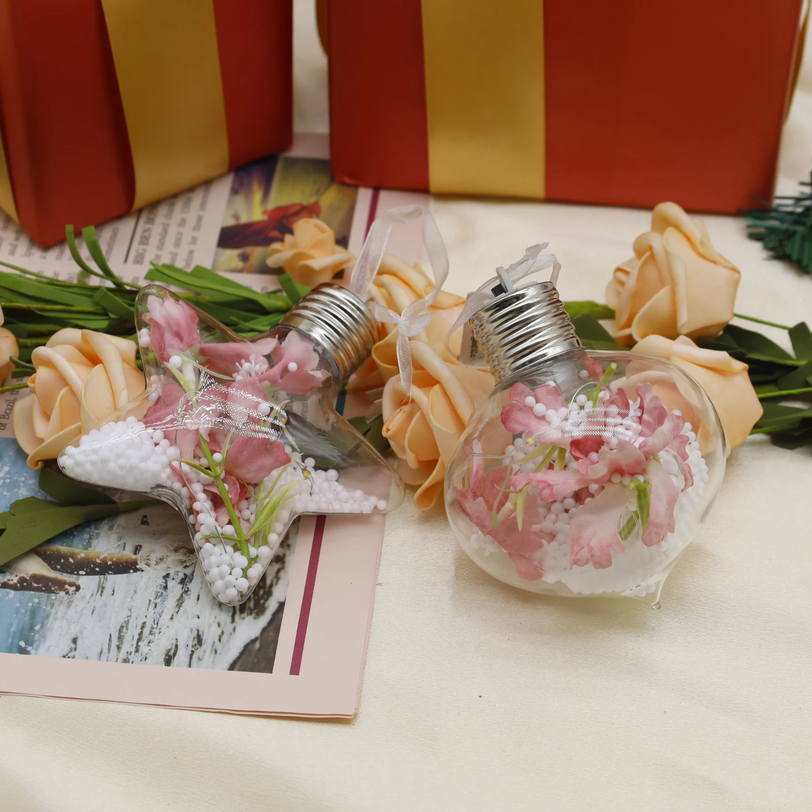 8cm LED clear glass ball Christmas ornament decorated with pink flowers and foam beads