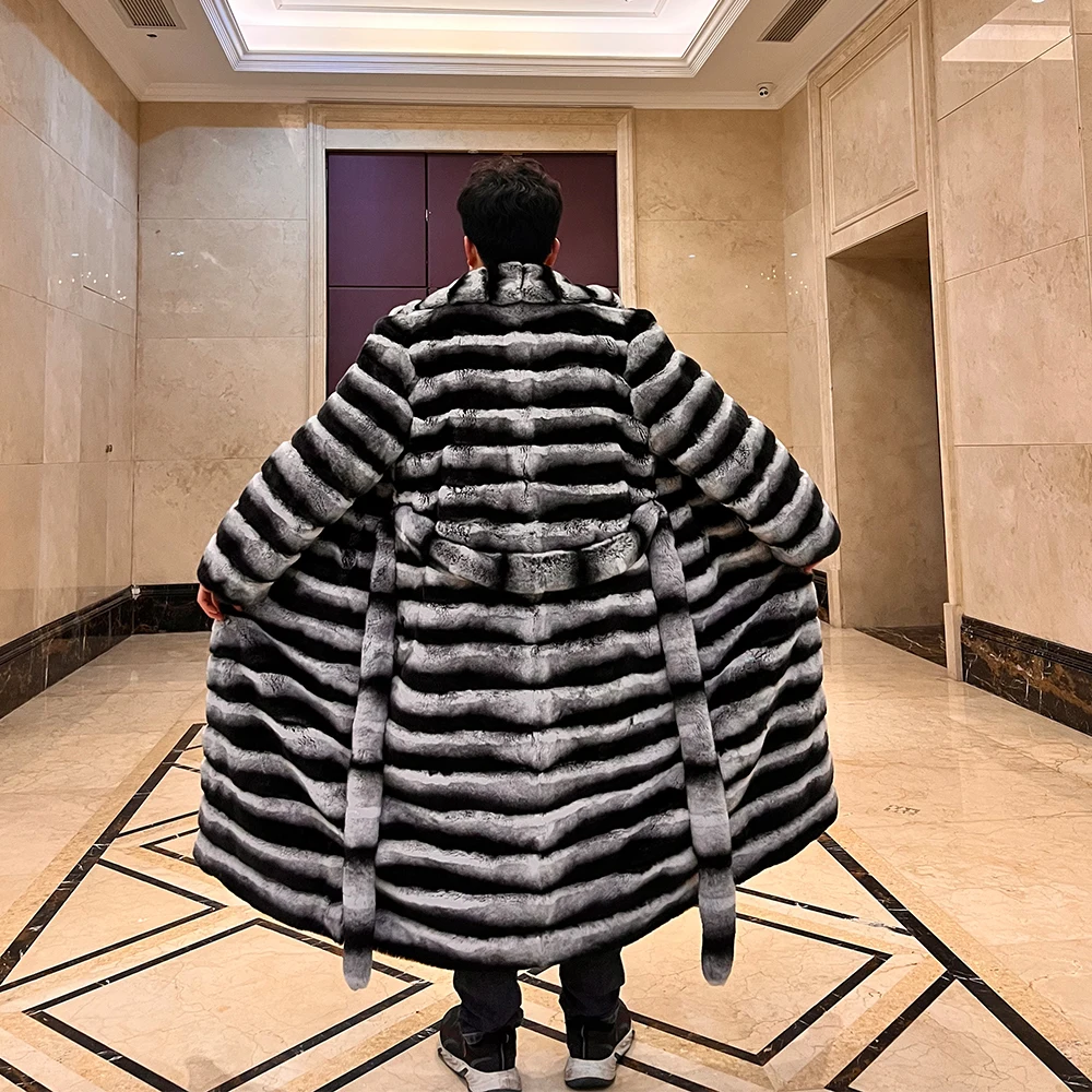 2024 women winter fashionable real rex rabbit fur long coat with belt bigger size trench fur coat chinchilla color