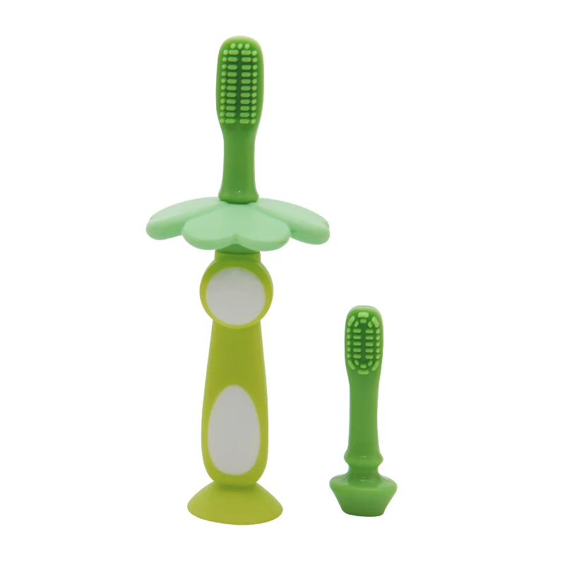 LULA Beauty 2021 Baby Suction Base Infant Toddler Soft Bristle Toothbrush Silicone Training Teether Green