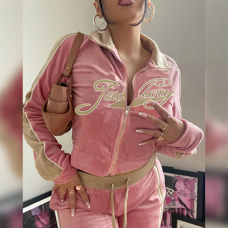 Custom Logo velvet tracksuit two piece Letter Appliques jogging suit women embroidery velour sweatsuit